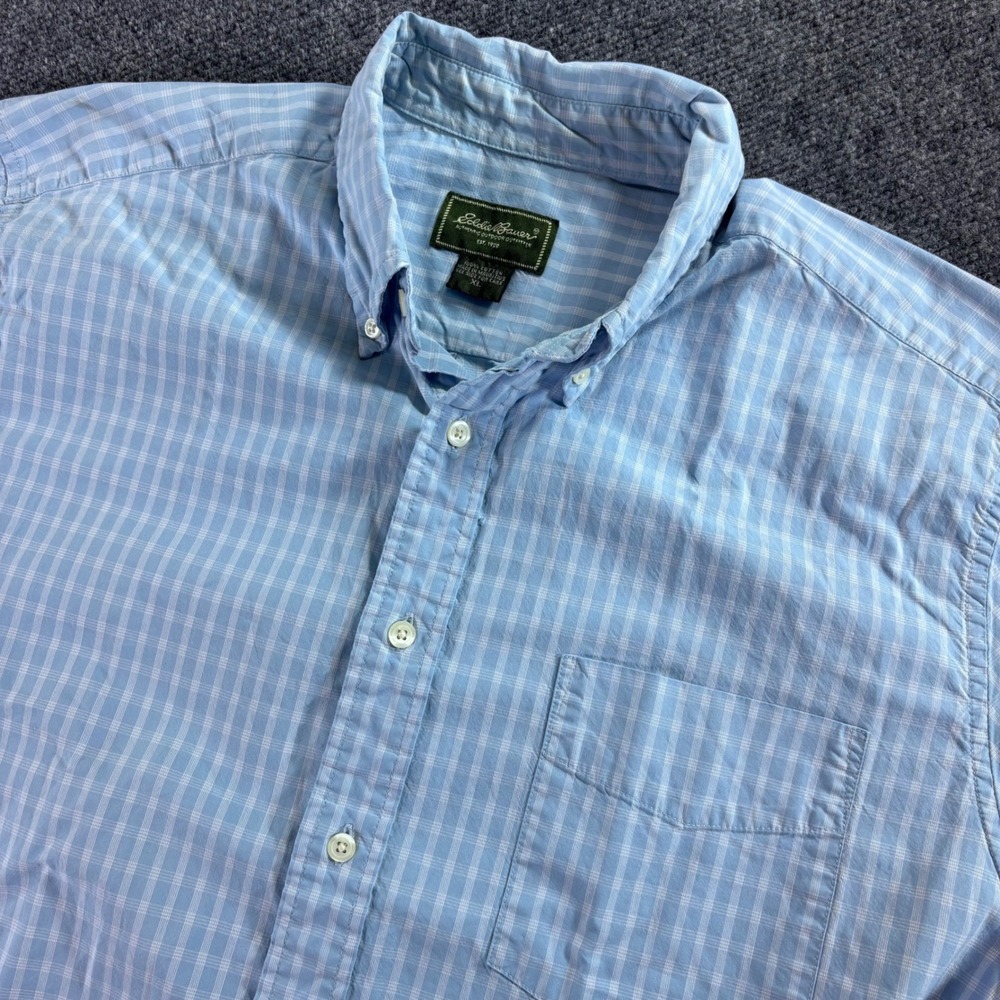 Eddie Bauer Button Down Shirt Mens XL Blue Gingham Short Sleeve Cotton Classic